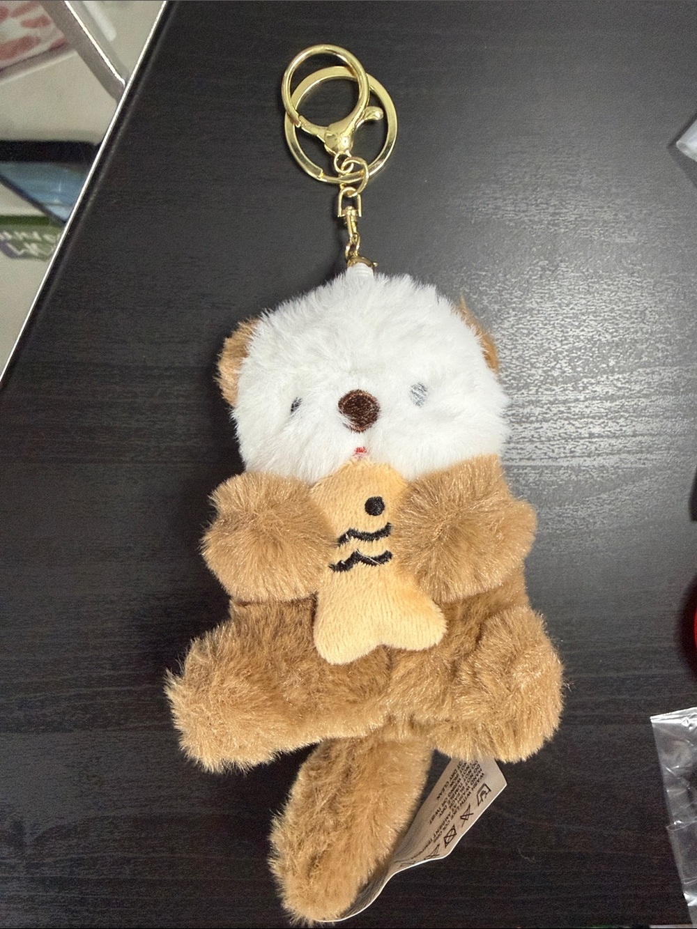 Plush Brown & White Otter Keychain with Fish